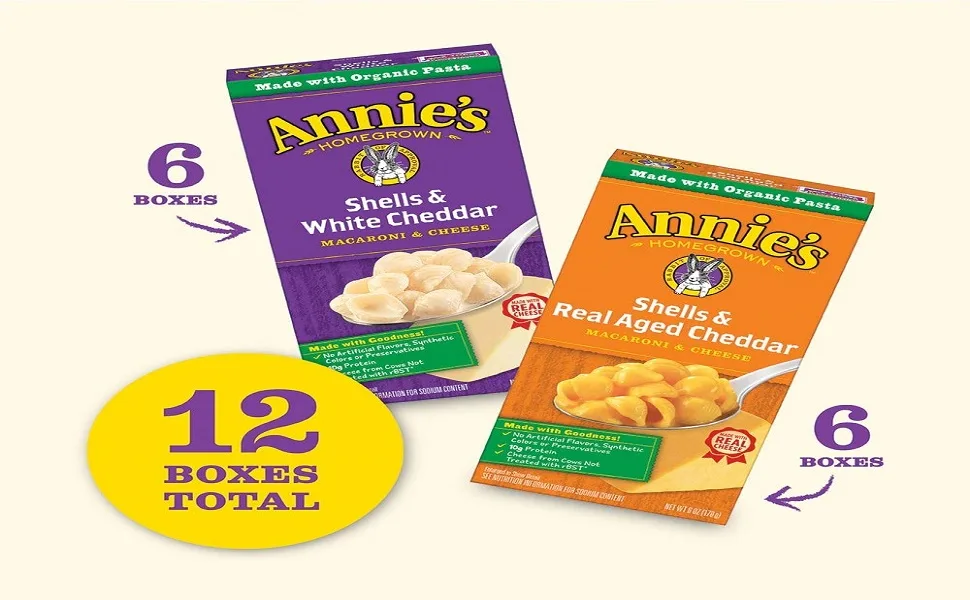 Annie's Organic Macaroni and Cheese Variety Pack, Shells & White Cheddar and Shells & Real Aged Cheddar, 6 oz (Pack of 12) - product information 1