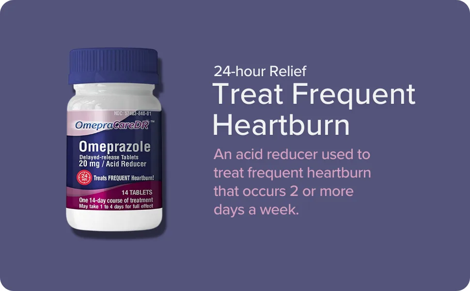 OmepraCareDR 42 Count Tablets Omeprazole 20mg Acid Reducer for Heartburn (14 Tablets/Bottle) One 3-Pack Carton for Three 14-Day Treatments, Delayed-Release Tablets - treat frequent heartburn