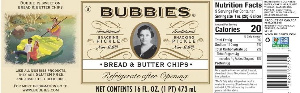 Bubbies Chips, Bread & Butter 33 Fl OZ(Pack of 2) - Bubbies Bread & Butter Chips Label
