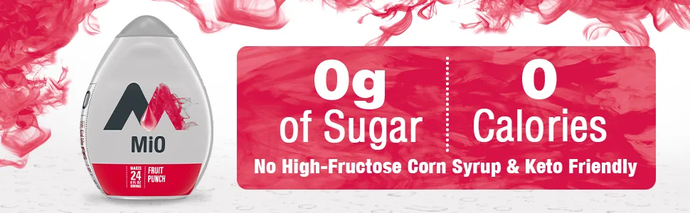 MiO Sugar-Free Versatile Fruit Variety Naturally Flavored Liquid Water Enhancer 4 Count 1.62 fl oz Fruit 1.62 Fl Oz (Pack of 4) - Fruit punch Mio bottle with 0 grams sugar and 0 calrories message