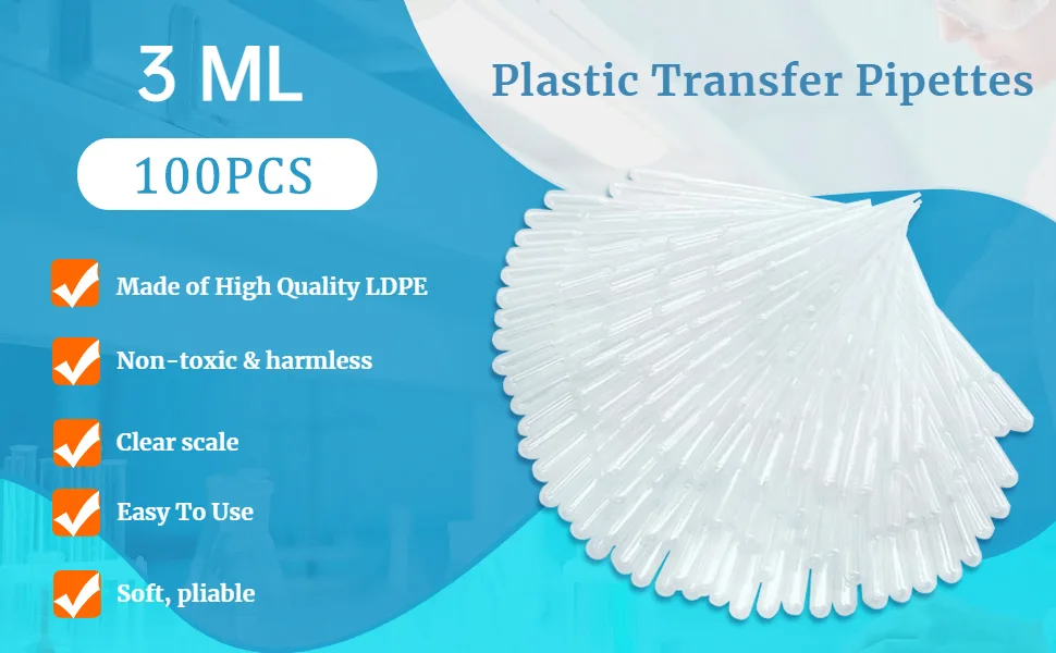ESHATO 3ML Disposable Plastic Transfer Pipettes Calibrated Dropper Suitable for Science Laboratory DIY Art (100 Pieces) - 3ML Disposable Plastic Transfer