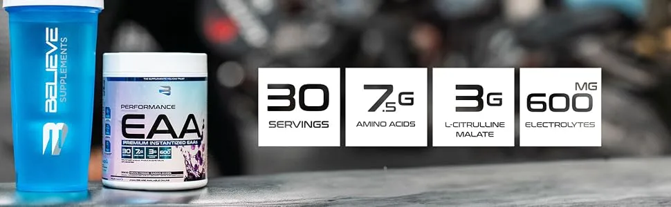 Believe Supplements Performance EAA - Essential Amino Acids Formula | Boost Muscle Recovery Performance & Hydration | Sugar-Free & Delicious Flavors Available! (30 servings Grape Freeze) Grape Freeze 30 servings - 30 servings 7g amino acids 3g lcitrulline malate 600 mg electrolytes
