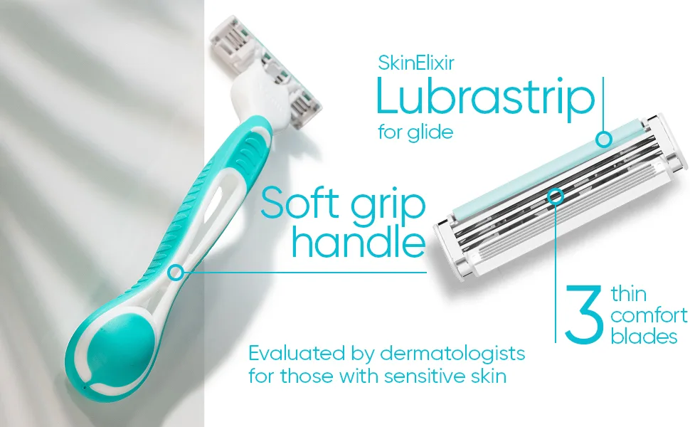 Gillette Venus Simply 3 Sensitive Women's Disposable Razors, Pack of 1 with 4 razors - soft grip handle and skinelixir lubrastrip