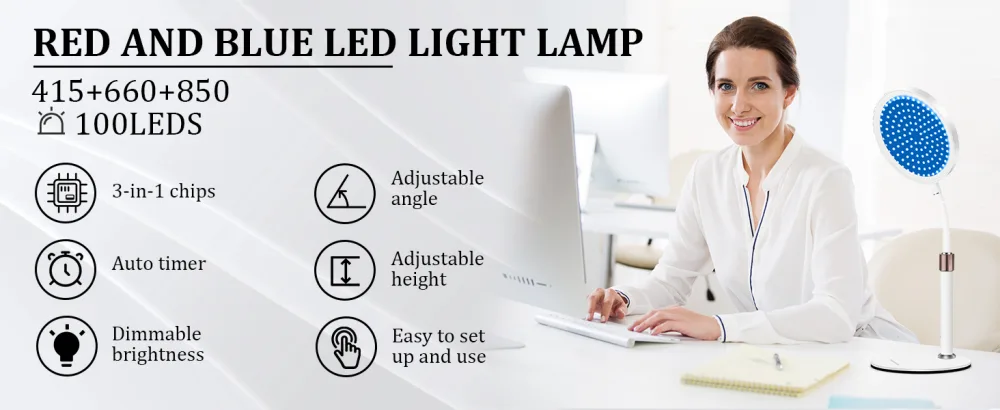Red and Blue Light Lamp 850&660&415 3-IN-1 Chips Desgin 100LEDs Infrare Light Lamp Device for Home/Office Height Adjustable & Angle Adjustable & Timer - LED Light Lamp
