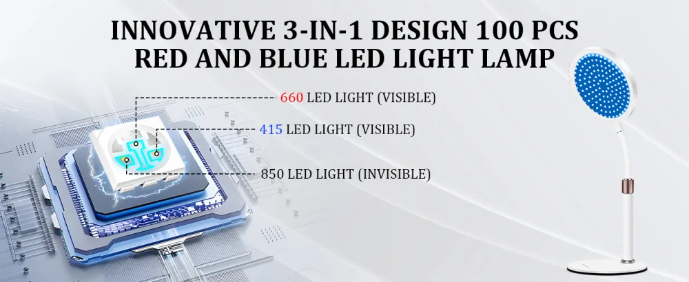 Red and Blue Light Lamp 850&660&415 3-IN-1 Chips Desgin 100LEDs Infrare Light Lamp Device for Home/Office Height Adjustable & Angle Adjustable & Timer - LED Light Lamp
