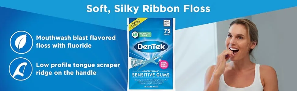 DenTek Comfort Clean Sensitive Gums Floss Picks, Soft & Silky Ribbon, 150 Count, 3 Pack Sensitive Gums 150 Count (Pack of 3) - Dentek Comfort Clean Floss Picks