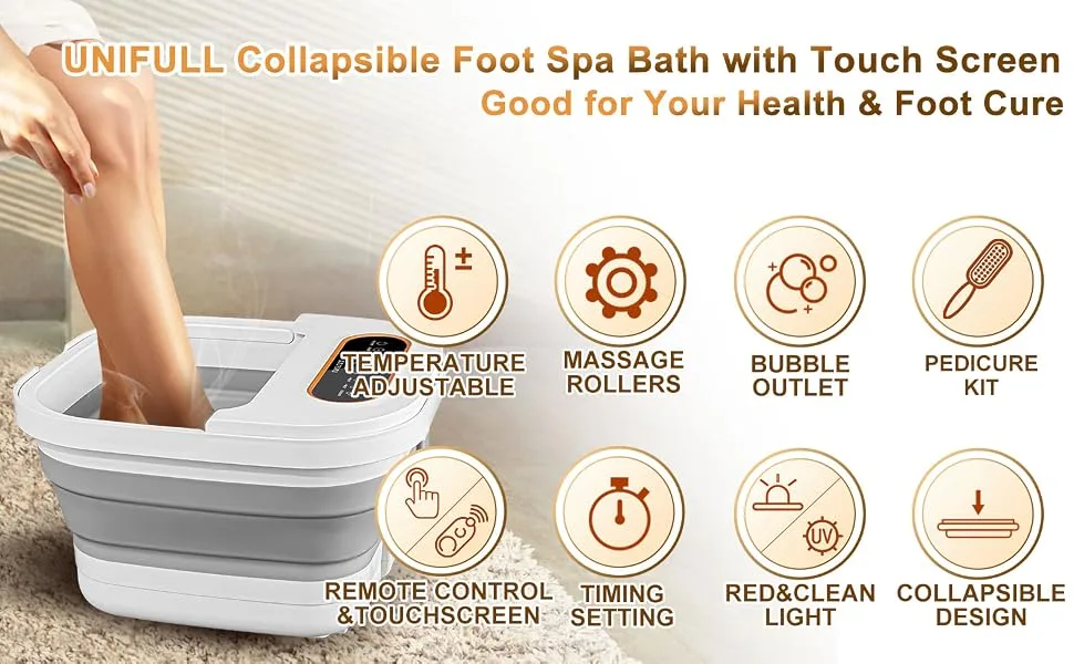 Collapsible Foot Spa Bath Massager with Heat and Massage Rollers Touch Screen Bubble Foot Pedicure Kit Temperature Control Pedicure Foot Spa Foot Bath - UNIFULL FOOT SPA