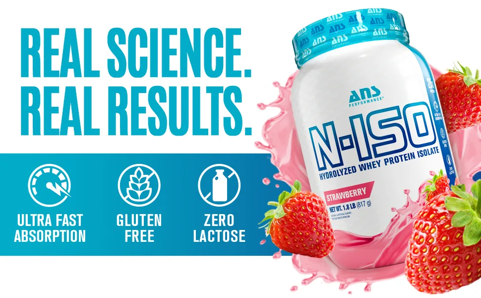 ANS Performance 100% Pure Hydrolyzed Whey Isolate Protein + BCAAs - 25g of Protein - Gluten Free Zero Lactose (Strawberry 5 lb) Strawberry 5 lb - REAL SCIENCE. REAL RESULTS