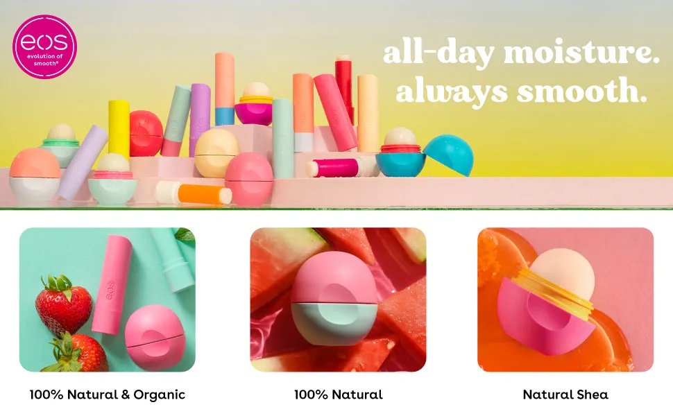 eos 100% Natural & Organic Lip Balm Sphere- Vanilla Bean All-Day Moisture Made for Sensitive Skin 4g 2-Pack - eos items on a yellow gradient