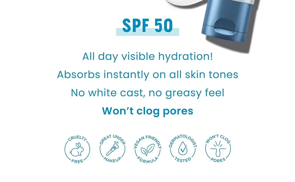 Bior UV Aqua Rich Weightless Moisturizer with SPF 50 | Dermatologist Tested Face Cream with Invisible UV Protection | 50mL - Text: All day visible hydration! Absorbs instantly on all skin tones. Won