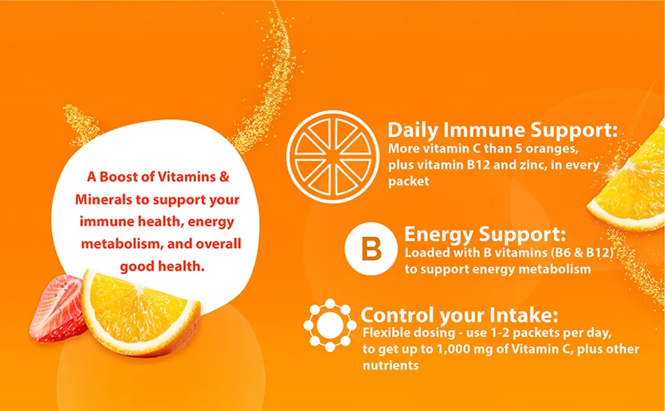 Emergen-C Crystals On-The-Go Immune Support Supplement with Vitamin C Zinc B Vitamins & Manganese Orange Flavour 24 Packets - emergenc crystals
