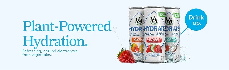 V8 +Hydrate Plant-Based Hydrating Beverage, Strawberry Cucumber, 8 oz. Can, 6 Count (Pack of 4) - plant-based electrolyte drink