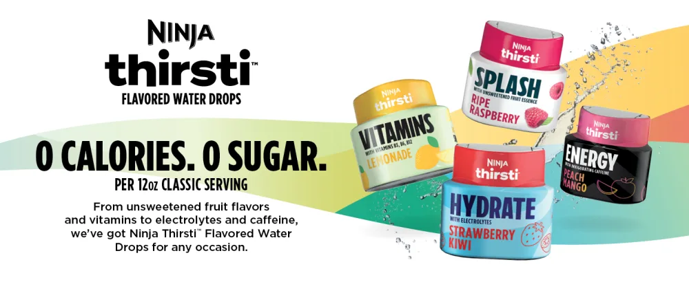Ninja Thirsti Flavoured Water Drops Splash with Unsweetened Fruit Essence Island Mango Zero Calories Zero Sugar Zero Sweeteners 2.23 Fl Oz Makes 20 12oz Drinks 3 Pack WCFMNGAMC - Ninja Thirsti Flavoured Water Drops