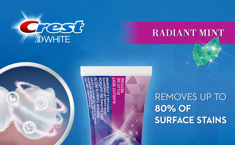 Crest 3D White Whitening Toothpaste Radiant Mint 65 mL (Pack Of 4) ( Packaging May Vary ) Mint 3D White - Crest 3D White Radiant Mint toothpaste removes up to 80% of surface stains