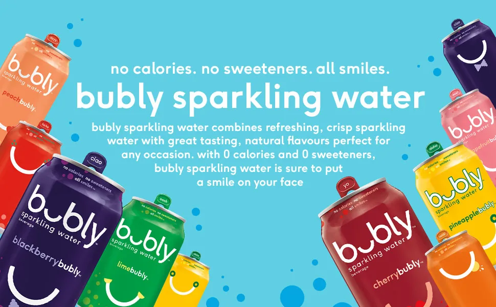 bubly Sparkling Water strawberrybubly 355 mL Cans 12 Pack Strawberry Sparkling Water - bubly Brand Proposition Banner