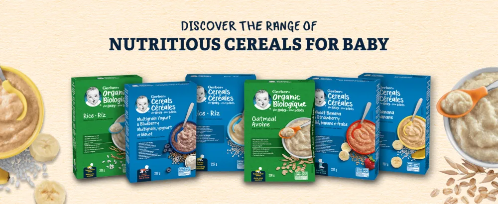 GERBER CEREAL Stage 3 - Wheat with Yogourt & Raspberry Baby Food Cereal 8+ months 227 g 6 Pack - PACKAGING MAY VARY Wheat with Yogourt Raspberry - Gerber Footer
