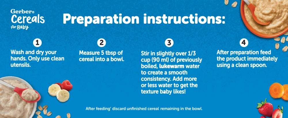 GERBER CEREAL Stage 3 - Wheat with Yogourt & Raspberry Baby Food Cereal 8+ months 227 g 6 Pack - PACKAGING MAY VARY Wheat with Yogourt Raspberry - Preparation Instructions