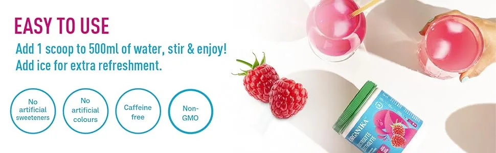 Organika Electrolyte Drink Mix - Raspberry flavour- Zero Sugar Hydration- 350 gram - 100 Servings & Electrolytes + Enhanced Collagen- Strawberry Peach Flavour Electrolyte Drink Mix + Electrolytes - product information 3
