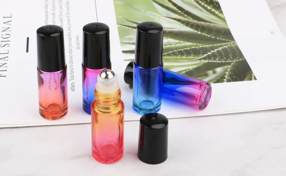 Gradient Color Roll On Bottles Thick Glass Empty Refillable Fragrance Perfume Essential Oil Glass Roller Bottles Metal Roller ball Bottle Container For Home Travel Use 5ml 6 Packs - product information 1