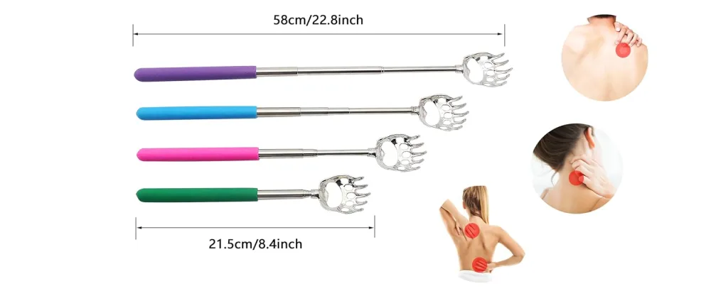 (4-Pack) Telescoping Back Scratcher , LEMENG Portable Extendable Telescopic Bear Claws Metal Back Scratchers - Hand Massager Backslap with Rubber Handles - Back Scratcher