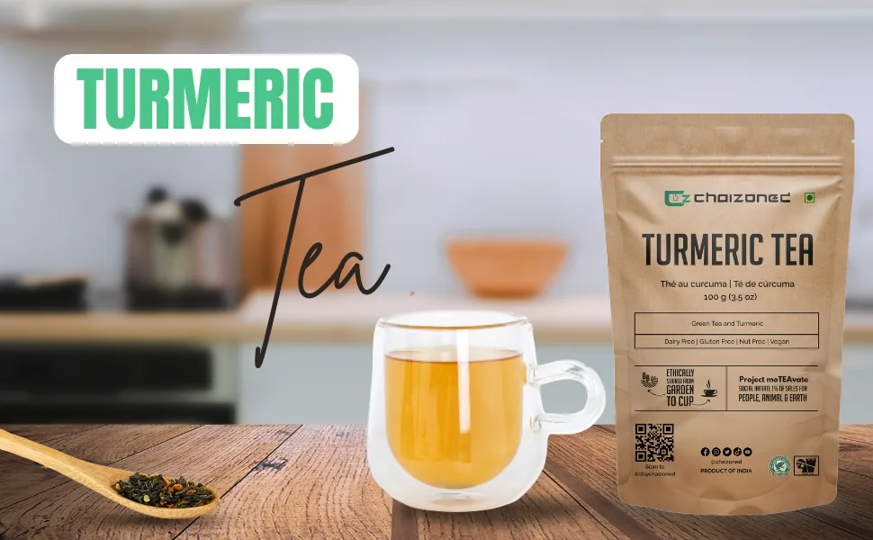 CHAIZONED Turmeric Herbal Loose Leaf Tea - Turmeric Tea with Dried Green Tea Leaves - Makes 50 Cups - 100g (3.5oz) - Turmeric Tea