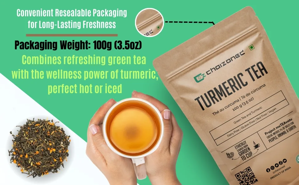 CHAIZONED Turmeric Herbal Loose Leaf Tea - Turmeric Tea with Dried Green Tea Leaves - Makes 50 Cups - 100g (3.5oz) - Turmeric Tea Packaging