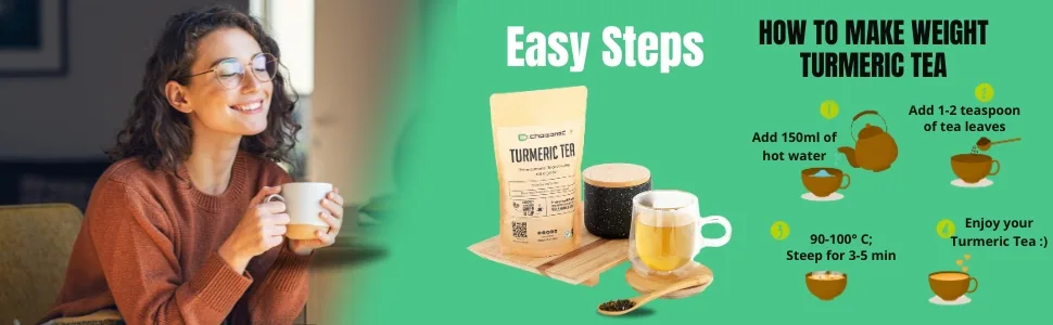 CHAIZONED Turmeric Herbal Loose Leaf Tea - Turmeric Tea with Dried Green Tea Leaves - Makes 50 Cups - 100g (3.5oz) - Turmeric Tea Steps