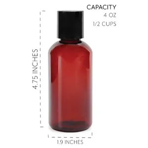 4oz Empty Amber Brown Plastic Squeeze Bottles with Disc Top Flip Cap (6 pack) BPA-Free Plastic Containers For Shampoo, Lotions, Liquid Body Soap, Creams (4 ounce, Amber Brown) - image