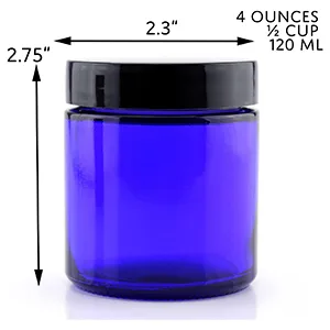4-Ounce Cobalt Blue Glass Straight Sided Cosmetic Jars (12-Pack) 120 ml. Capacity, BPA-Free Lids - cornucopia bottles jars canisters storage glass plastic metal containers pump spray lids functional