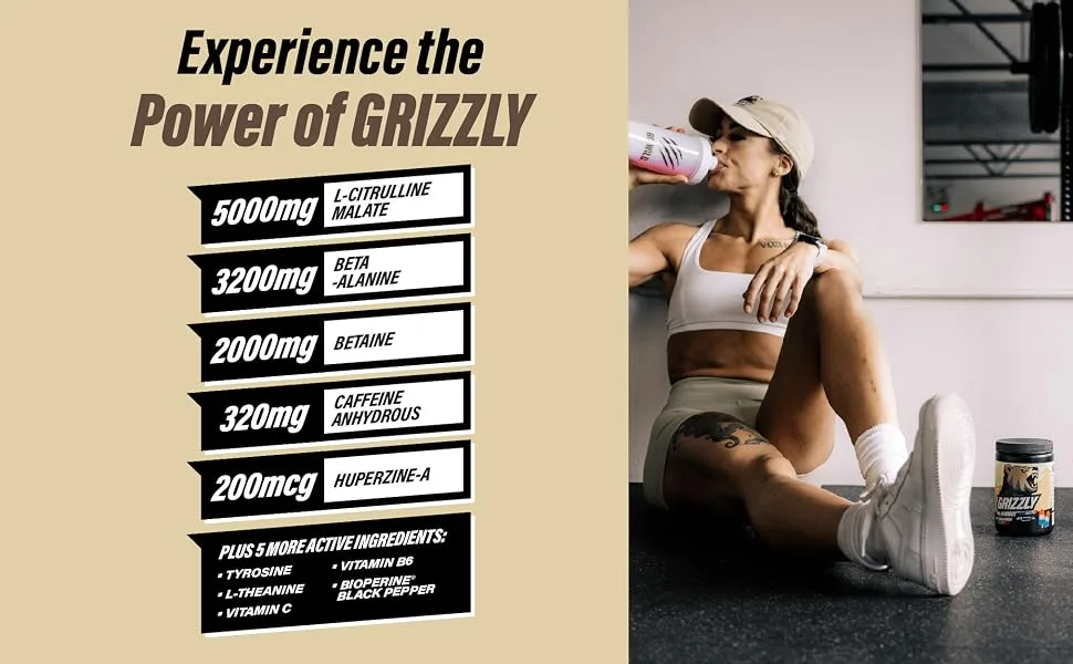 GRIZZLY PRE-WORKOUT ARCTIC ICE Strength Power Focus Caffeine Citrulline Beta-Alanine Arctic Ice 340 g (Pack of 1) - pre-workout for men aminoacidos prework out pump energy supplement