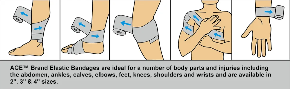 ACE Elastic Bandage with Hook Closure, 4 Inches 1 ea (Pack of 3) - ACE Bandage wrapped around certain body parts: calf, ankle, knee, shoulder and wrist.