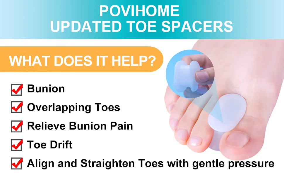 Povihome 10 Pack Toe Spacers Separators, Bunion Corrector Gel Orthotics (1/2'' Thick) for Bunion, Overlapping Toes - L Size - bunion spacers