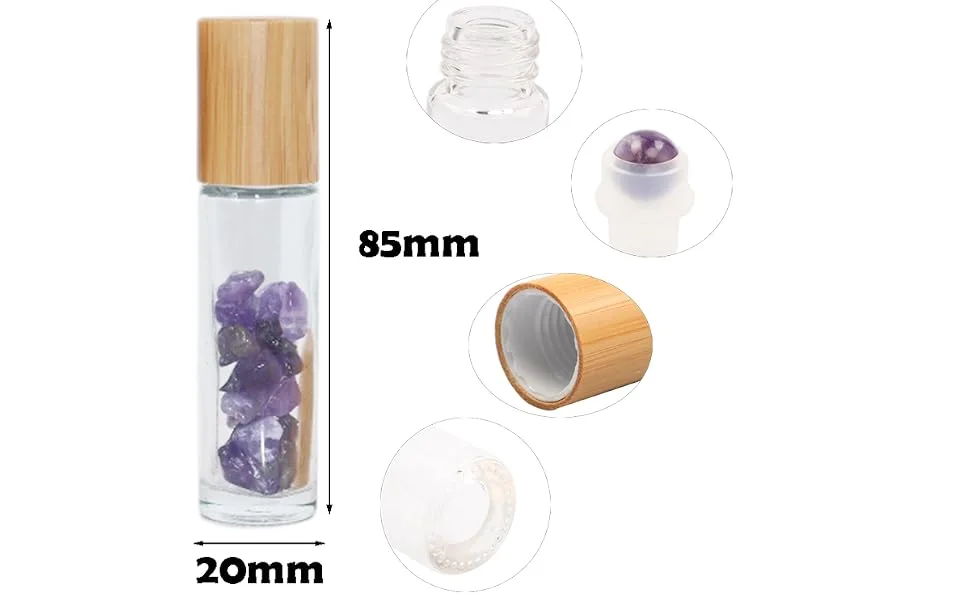 10ml Roll On Bottle With Gemstone Rollerball&Crystal Chips Inside,10 Packs Glass Roller Bottles Essential Oil Sample Bottles(Bamboo Lids) - product information 1
