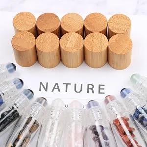 10ml Roll On Bottle With Gemstone Rollerball&Crystal Chips Inside,10 Packs Glass Roller Bottles Essential Oil Sample Bottles(Bamboo Lids) - product information 10