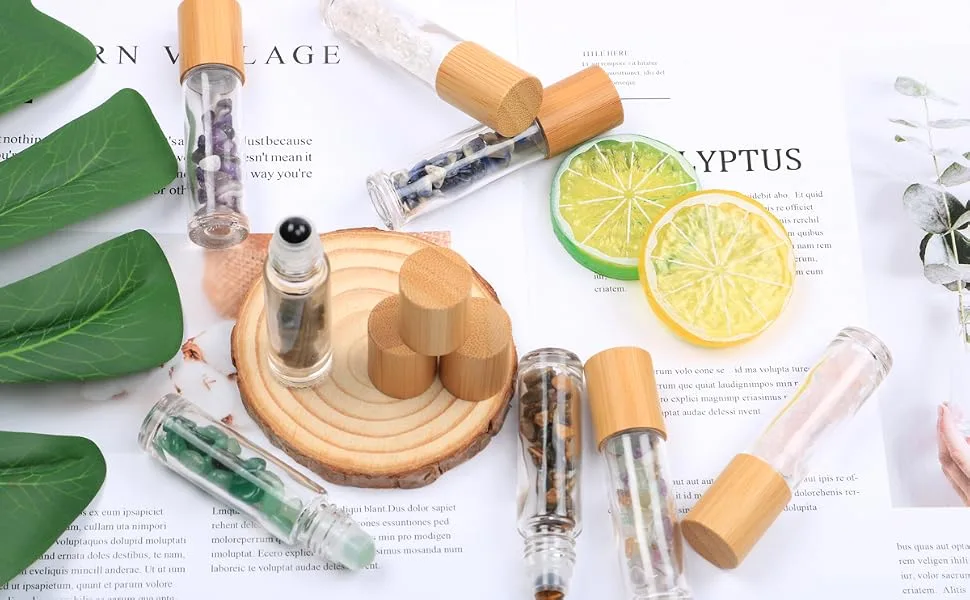 10ml Roll On Bottle With Gemstone Rollerball&Crystal Chips Inside,10 Packs Glass Roller Bottles Essential Oil Sample Bottles(Bamboo Lids) - product information 5
