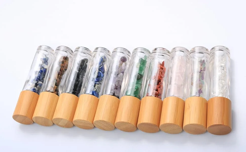 10ml Roll On Bottle With Gemstone Rollerball&Crystal Chips Inside,10 Packs Glass Roller Bottles Essential Oil Sample Bottles(Bamboo Lids) - product information 7