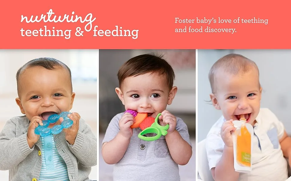 Infantino 3-Pack Water Teethers - 2 Lime + 1 Blue Set - Babies teething on Infantino teethers & snacking on baby food from an Infantino Fresh Squeeze pouch.
