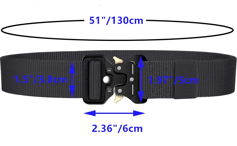 Ginwee 3-Pack Tactical Belt,Military Style Belt, Riggers Belts for Men, Heavy-Duty Quick-Release Metal Buckle with Extra Molle Key Ring Holder Gears - size chart