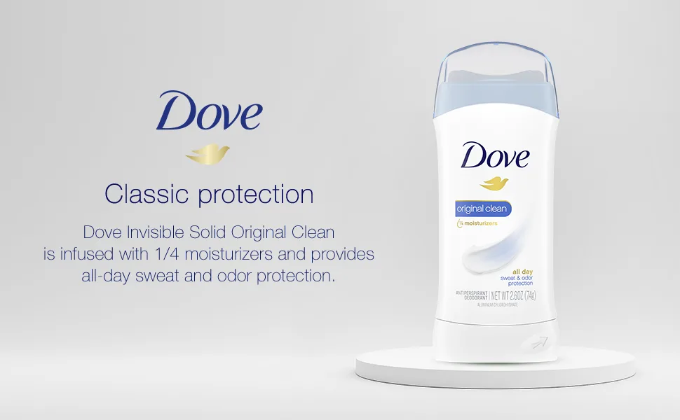 Dove Invisible Solid Antiperspirant Deodorant Stick for Women, Original Clean, For All Day Underarm Sweat and Odor Protection 2.6 oz, Pack of 6 - Dove Invisible Solid Original Clean, infused with 1/4 moisturizers, all day sweat & odor protection