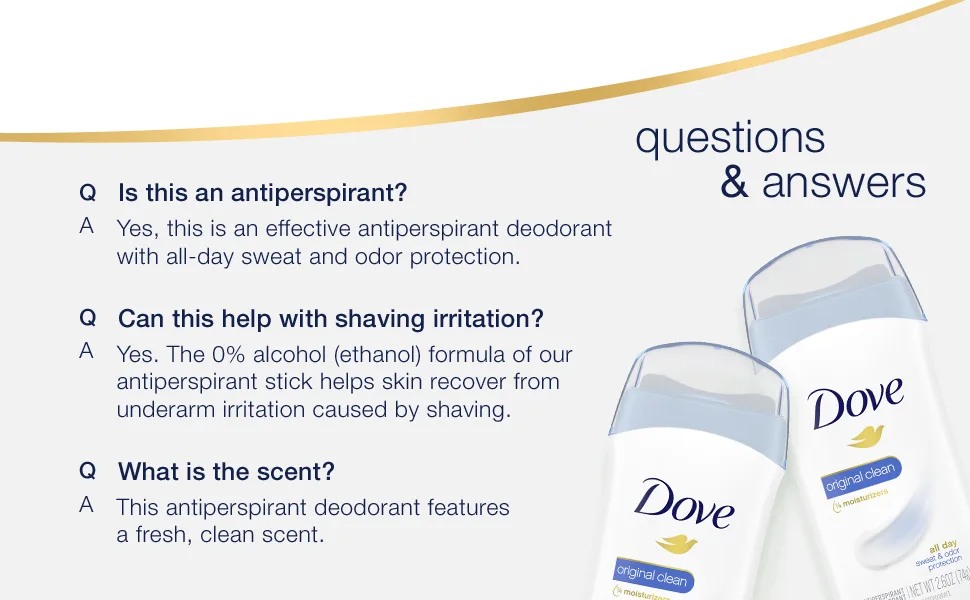 Dove Invisible Solid Antiperspirant Deodorant Stick for Women, Original Clean, For All Day Underarm Sweat and Odor Protection 2.6 oz, Pack of 6 - questions & answers