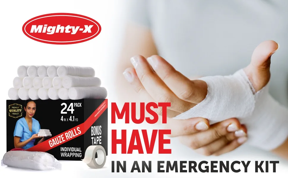 Premium Gauze Rolls - 24 pack - 4" Individually Wrapped + Bonus Tape - First Aid Conforming Rolled Gauze - gauze bandage roll mummy wrapping cloth rolled wrap rolls guaze medical bandages fabric 4 inch