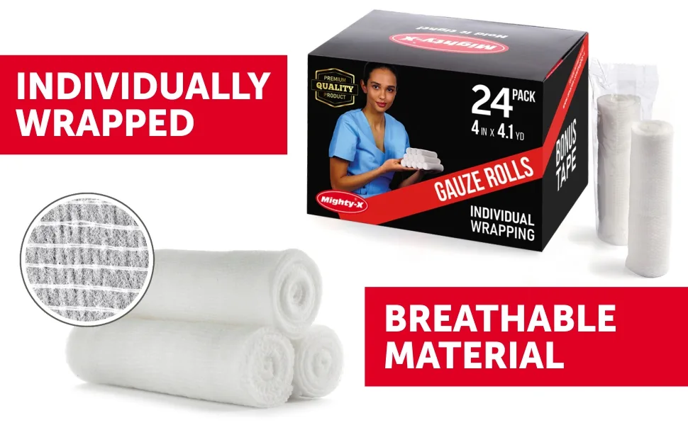 Premium Gauze Rolls - 24 pack - 4" Individually Wrapped + Bonus Tape - First Aid Conforming Rolled Gauze - gauze bandage roll mummy wrapping cloth rolled wrap rolls guaze medical bandages fabric 4 inch