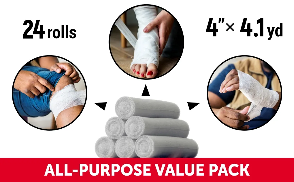 Premium Gauze Rolls - 24 pack - 4" Individually Wrapped + Bonus Tape - First Aid Conforming Rolled Gauze - gauze bandage roll mummy wrapping cloth rolled wrap rolls guaze medical bandages fabric 4 inch