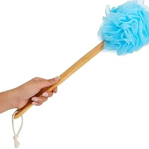 4 Pack Long Handled Loofah for Shower, Exfoliating Body Brush on a Stick, Back Scrubber in 4 Colors (16 in) - Handle