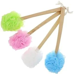 4 Pack Long Handled Loofah for Shower, Exfoliating Body Brush on a Stick, Back Scrubber in 4 Colors (16 in) - Pack