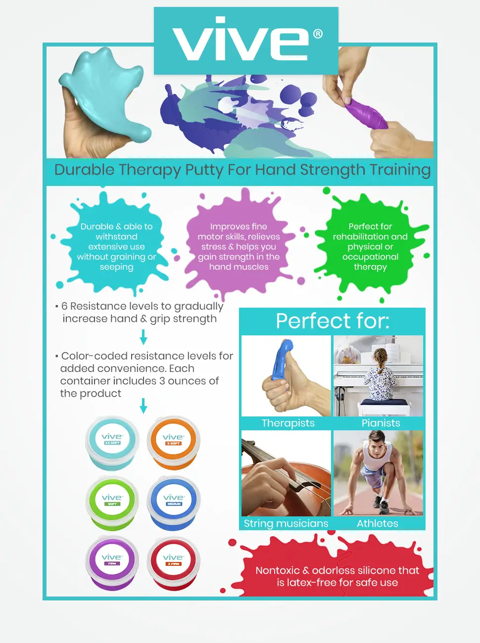 Vive Exercise Putty (6-Pack) - Therapeutic, Occupational and Therapy Tool - Thinking and Stress - Finger, Hand Grip Strength Exercises - Extra Soft, Soft, Medium, Firm Sensory Kit - Squeezable Ball - Vive Exercise Putty (6-Pack) - Therapeutic, Occupational and Therapy Tool - Thinking and Stress