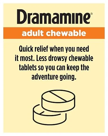 Dramamine All Day Less Drowsy Motion Sickness Relief | 8 tablets | pack of 3 |Packaging may vary - Dramamine adult chewable tablets