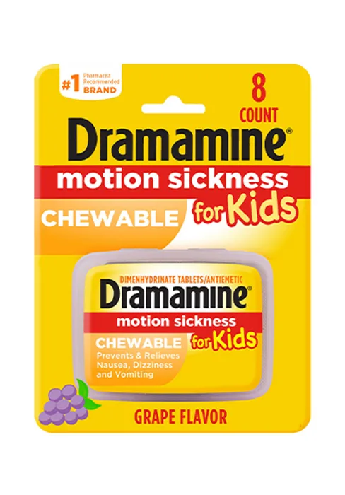 Dramamine All Day Less Drowsy Motion Sickness Relief | 8 tablets | pack of 3 |Packaging may vary - Dramamine motion sickness for kids orange chewable