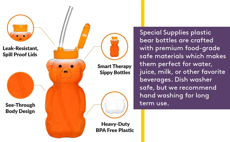 Special Supplies Honey Bear Straw Cup Long Straws, 3-Pack Squeezable Therapy and Special Needs Assistive Drink Container, Spill Proof and Leak Resistant Lid - Juice Bear Bottle