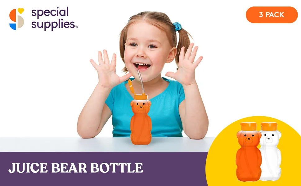 Special Supplies Honey Bear Straw Cup Long Straws, 3-Pack Squeezable Therapy and Special Needs Assistive Drink Container, Spill Proof and Leak Resistant Lid - Juice Bear Sippy Cup